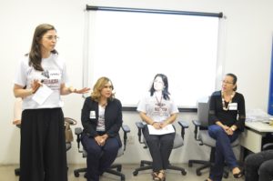 Da esquerda para direita: a Psicóloga Cynara Veras, Promotora Amparo Paz, Assistente Social Núbia Caldas e Valéria Araújo, Coordenadora Municipal de Política para Mulheres