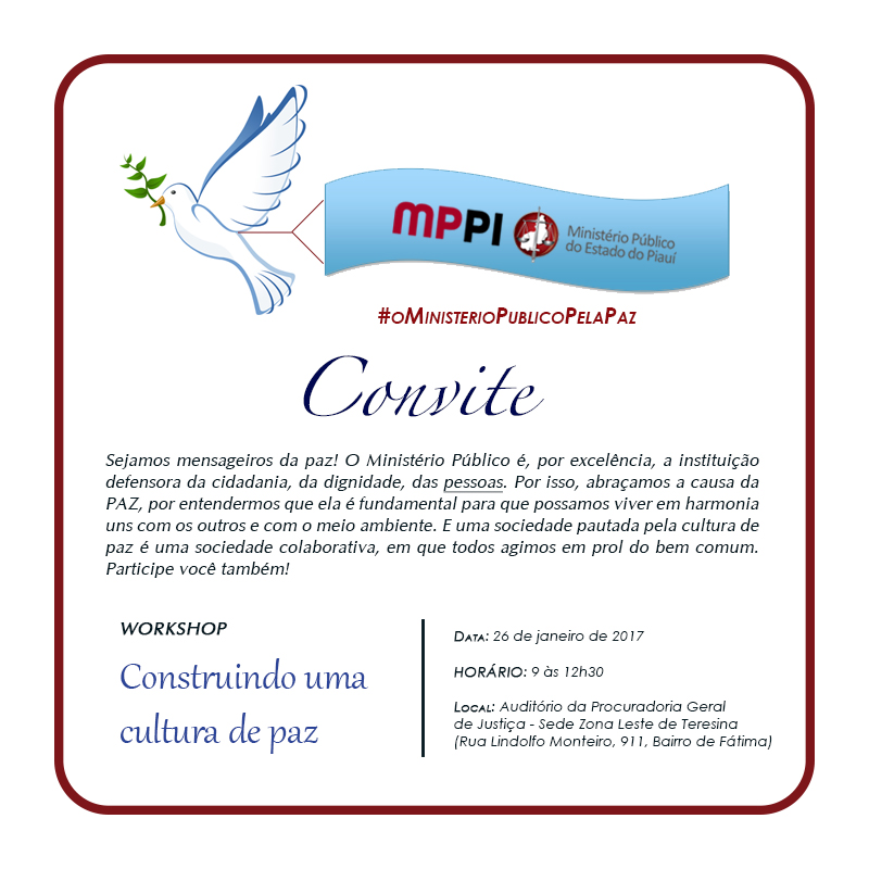 #oMinisterioPublicoPelaPaz Sejamos mensageiros da paz! O Ministério Público é, por excelência, a instituição defensora da cidadania, da dignidade, das pessoas. Por isso, abraçamos a causa da PAZ, por entendermos que ela é fundamental para que possamos viver em harmonia uns com os outros e com o meio ambiente. E uma sociedade pautada pela cultura de paz é uma sociedade colaborativa, em que todos agimos em prol do bem comum. Participe você também!