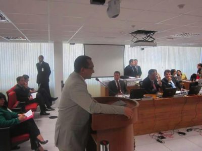 Pessoa de pé falando em uma tribuna