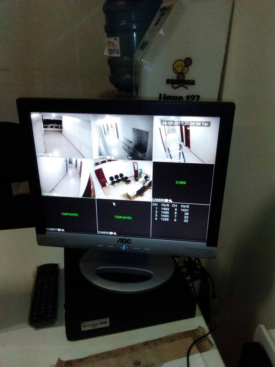 Computador. Na tela, há imagens de várias câmeras de um sistema de segurança.