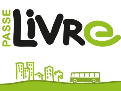 Desenho de ônibus e prédios. Em cima, podemos ler