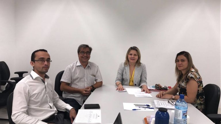 Quatro pessoas junto a uma mesa de reunião.