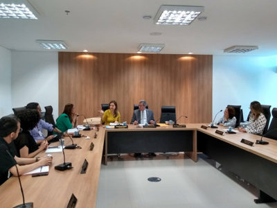 Pessoas sentadas em volta de uma mesa. Enquanto uma mulher gesticula falando e os demais observam