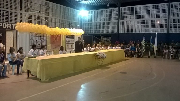 Homem de pé com microfone nas mãos e pessoas sentadas na mesa de honra