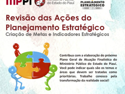 Banner anunciando a revisão do planejamento estratégico. Imagem com quatro figuras humanos montando um quebra-cabeças.