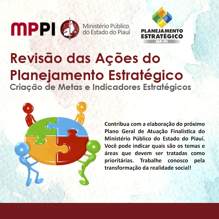 Banner anunciando a revisão do planejamento estratégico. Imagem com quatro figuras humanos montando um quebra-cabeças.