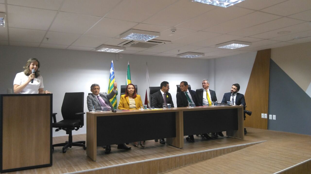 Promotora Cláudia Seabra fala junto à tribuna do auditório