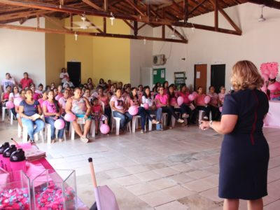 Promotora de Justiça fala para pessoas em auditório todo decorado com balões cor de rosa