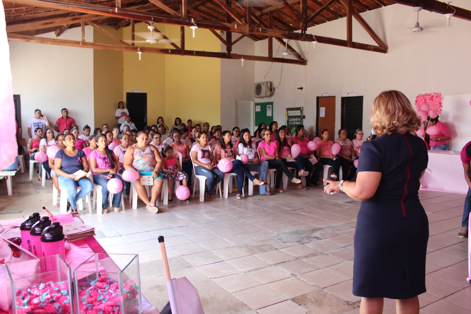 Promotora de Justiça fala para pessoas em auditório todo decorado com balões cor de rosa