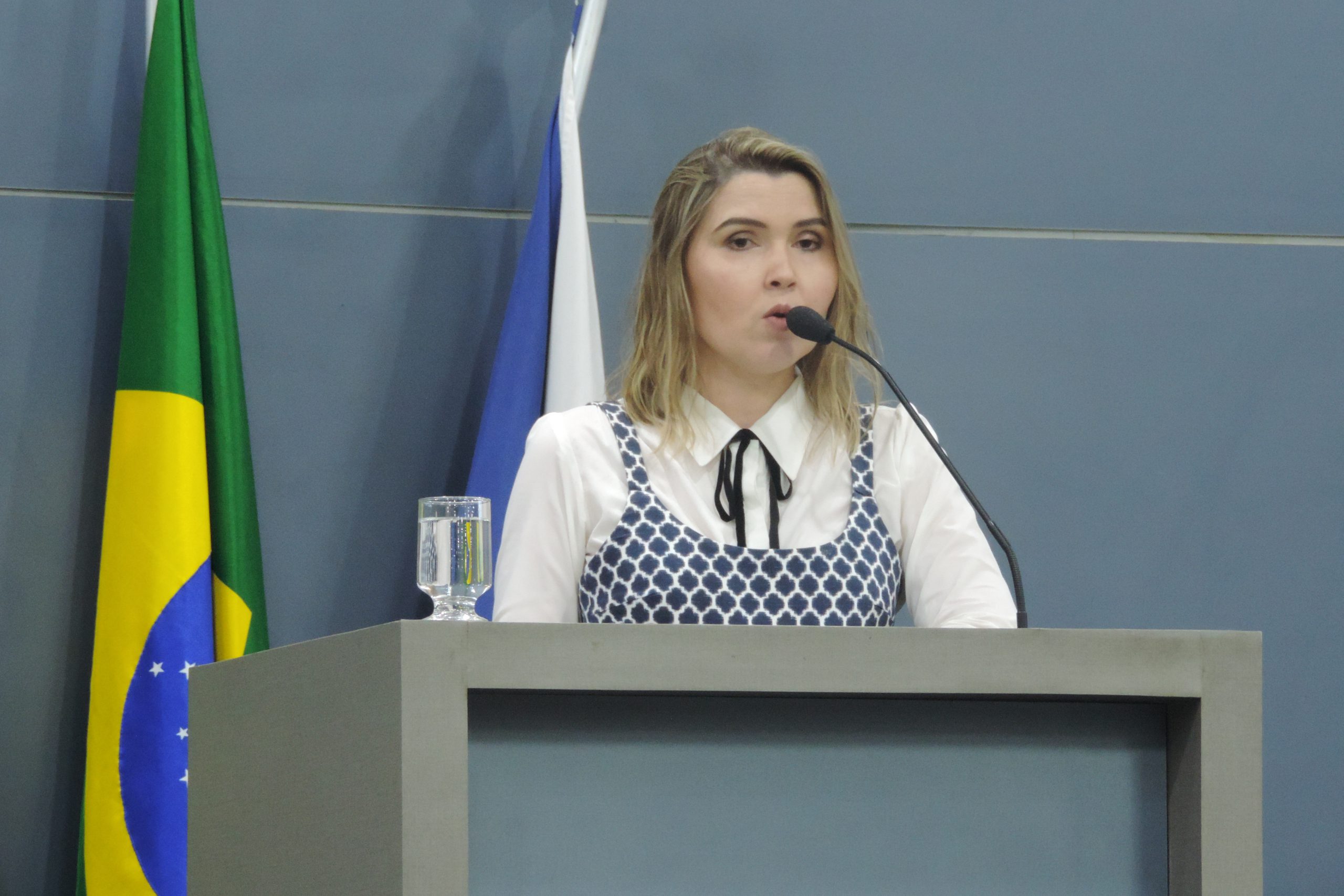 Mulher falando ao microfone atrás de uma tribuna 