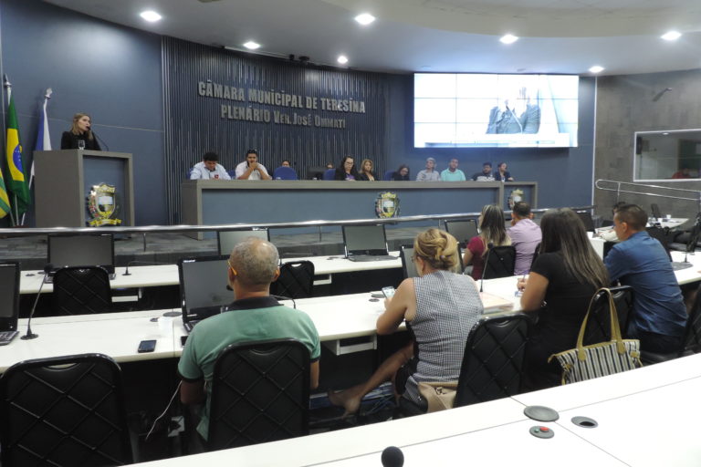 Pessoas sentadas olhando para uma mulher que está de pé falando da tribuna