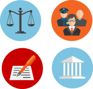 Ícones que representam o sistema de Justiça: palácio, balança, acordo sendo assinado.