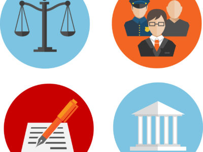 Ícones que representam o sistema de Justiça: palácio, balança, acordo sendo assinado.
