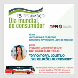 foto com a descrição dos eventos que vão correr durante o Dia Mundial do Consumidor. Há ainda na foto a imagem de uma mulher e de um ônibus.