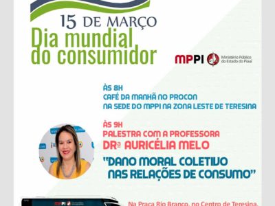 foto com a descrição dos eventos que vão correr durante o Dia Mundial do Consumidor. Há ainda na foto a imagem de uma mulher e de um ônibus.