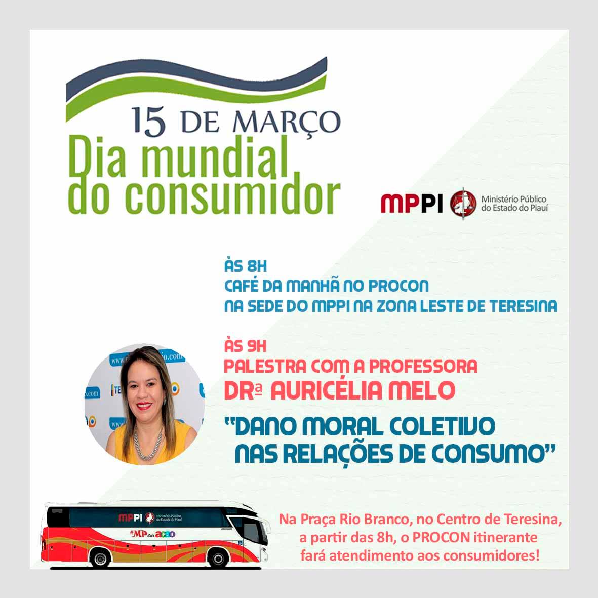 foto com a descrição dos eventos que vão correr durante o Dia Mundial do Consumidor. Há ainda na foto a imagem de uma mulher e de um ônibus. 