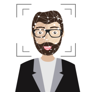 Desenho de homem de óculos. O rosto dele está coberto por pontos que indicam a execução do reconhecimento facial.