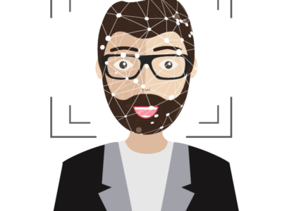 Desenho de homem de óculos. O rosto dele está coberto por pontos que indicam a execução do reconhecimento facial.