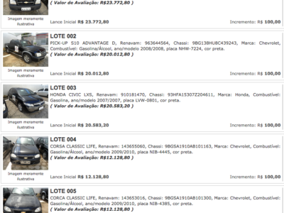 Imagem com os carros leiloados