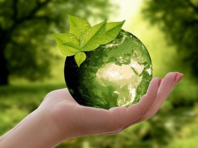 Imagem de mão feminina segurando o planeta terra, que está representado na cor verde.