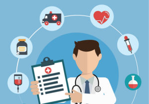 Ilustração com um profissional da saúde rodeado por vários ícones que remetem à saúde.