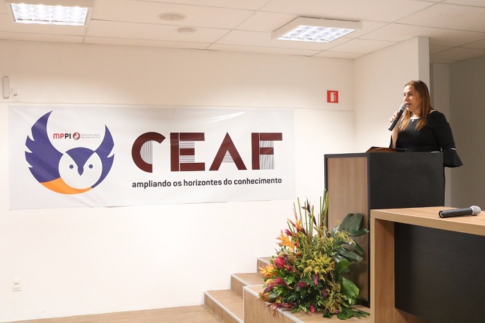 Pessoa de pé atrás de uma tribuna falando para o pública que a observa 