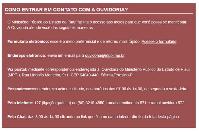 Informações de como entrar em contato com a Ouvidoria do Ministério Público