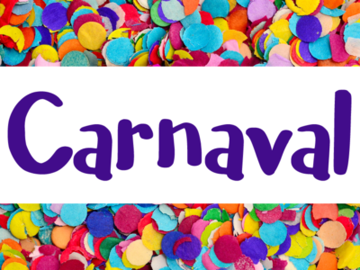 Imagem com confetes. Sobre estes a palavra: Carnaval