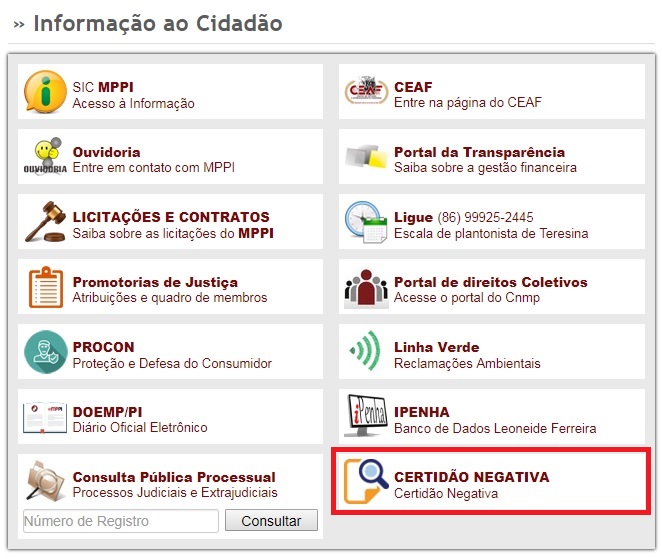 Foto do menu com informações relacionadas aos sistemas de informações 