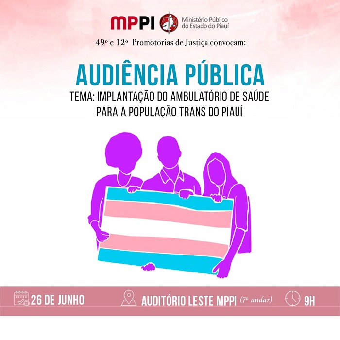 Imagem de três pessoa segurando uma bandeira com as cores rosa e azul