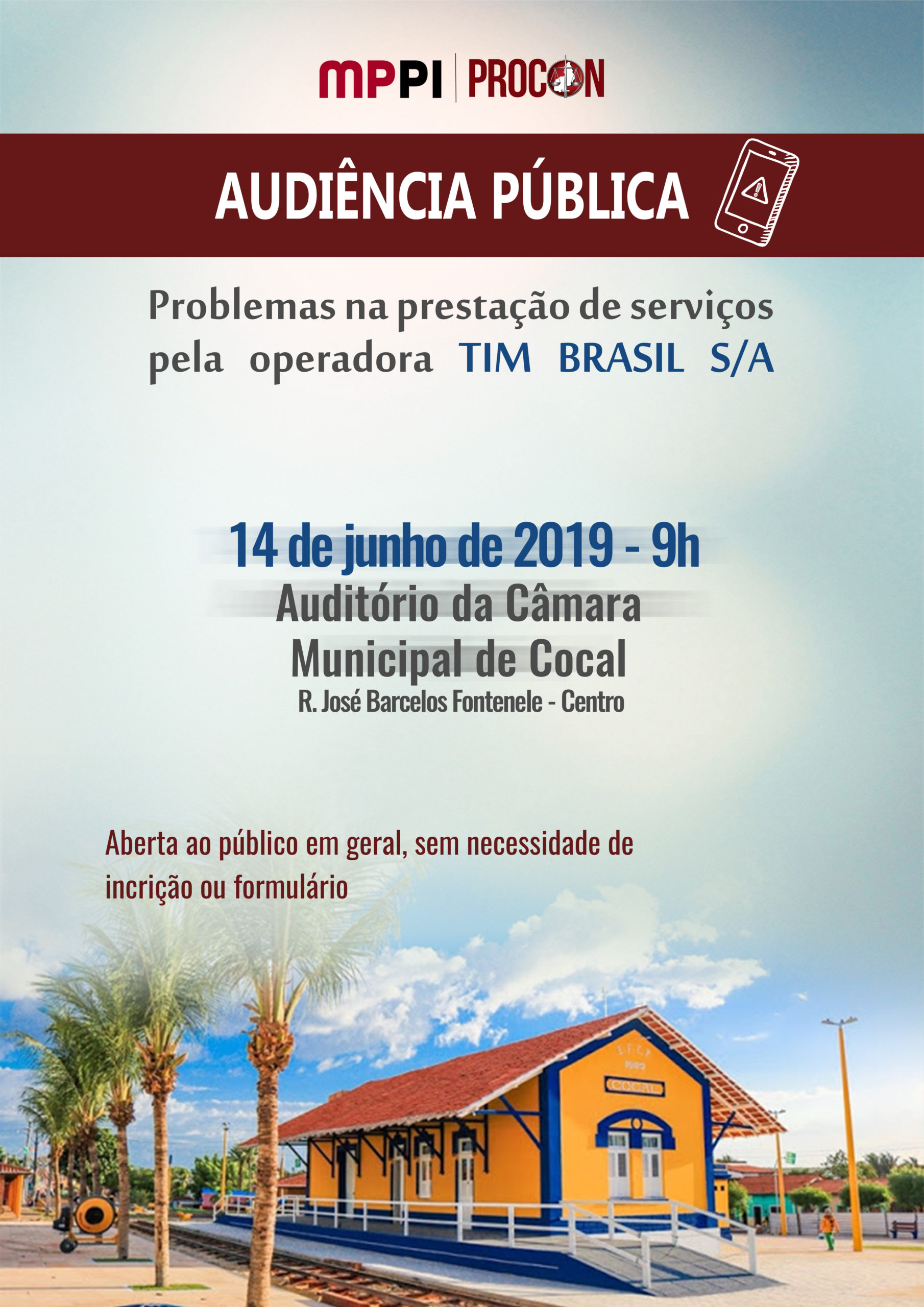 Audiência acontece no dia 14 de junho, às 9h, no município de cocal. Local: Auditório da Câmara Municipal de Vereadores de Cocal localizada na R. José Barcelos Fontenel – Centro.