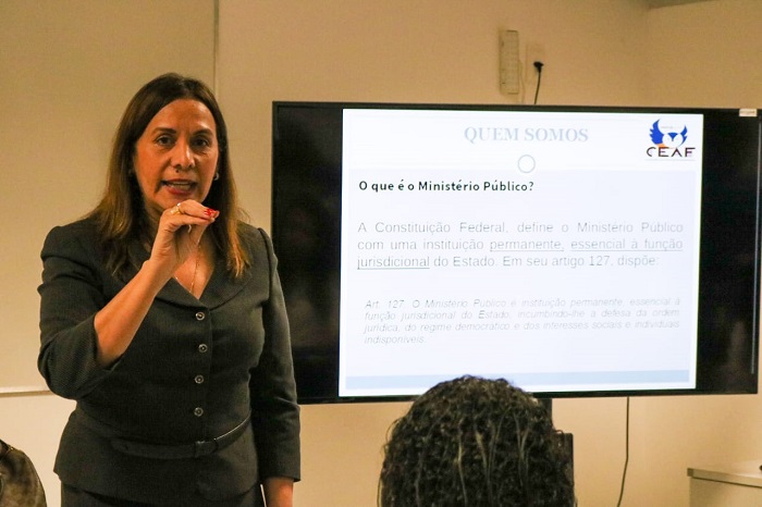 Pessoa de pé falando com o público a sua frente 