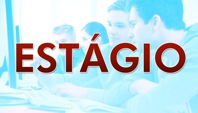 Banner em que se lê a palavra estágio sobre um fundo azul e uma foto de estudantes