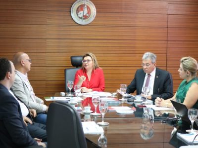 Pessoas reunidas em volta de uma mesa durante reunião