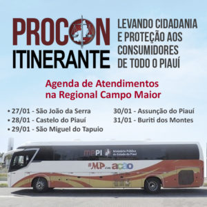Banner ilustrado com o ônibus do projeto MP em Ação e cronograma dos atendimentos do PROCON Itinerante