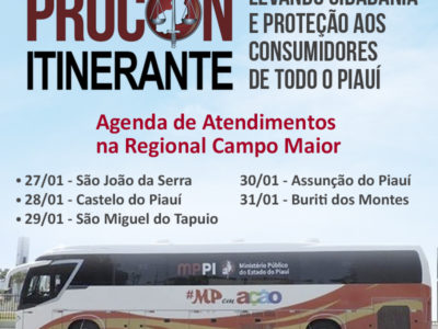 Banner ilustrado com o ônibus do projeto MP em Ação e cronograma dos atendimentos do PROCON Itinerante
