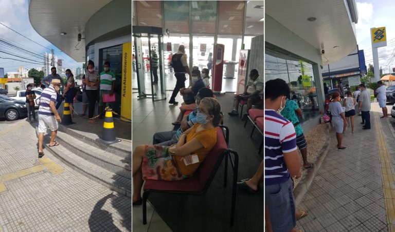 Fotos de pessoas dem filas de bancos