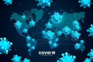 Mapa mundi com representações aumentadas do novo Coronavírus