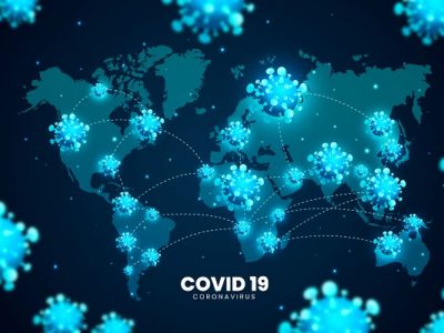 Mapa mundi com representações aumentadas do novo Coronavírus