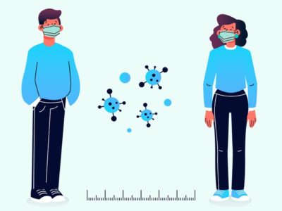 Ilustração que representa duas pessoas com máscaras protetoras, com distanciamento entre elas