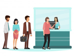 Ilustração que representa pessoas em uma fila para atendimento