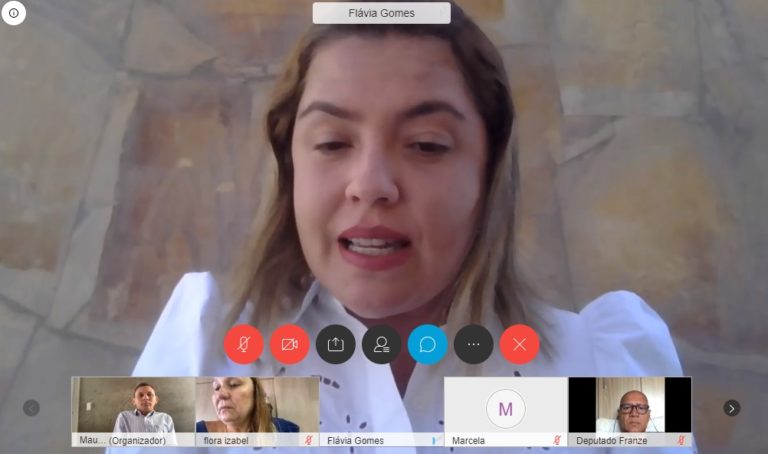 Pessoas reunidas durante reunião virtual. Diversos quadros numa tela. Cada um deles têm o rosto de uma pessoa