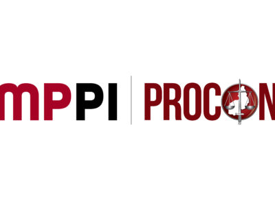 Imagem com fundo banco sobre a qual estão a logo do Ministério Público e do Procon