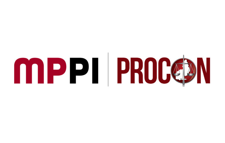 Imagem com fundo banco sobre a qual estão a logo do Ministério Público e do Procon