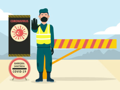 Ilustração com profissional da segurança pública em barreira sanitária