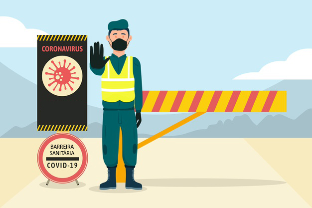 Ilustração com profissional da segurança pública em barreira sanitária