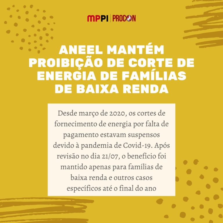 Fundo amarelo com título "Aneel mantém proibição de corte de energia de famílias de baixa renda"