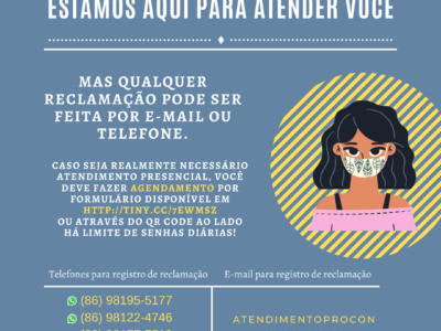 Cartaz com fundo azul falando sobre retorno do PROCON/MPPI. O cartaz exibe os contatos para atendimento de forma virtual e reforça que a população dê preferência a estes. O Procon informa que, em reclamações feitas por e-mail (atendimentoprocon@mppi.mp.br) ou telefone, as respostas serão dadas por e-mail, não havendo necessidade de se deslocar ao órgão.