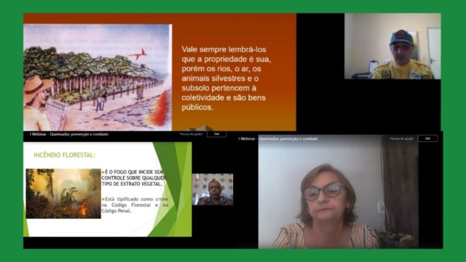 Telas com imagens de queimadas e dos slides dos palestrantes durante webinar do Caoma