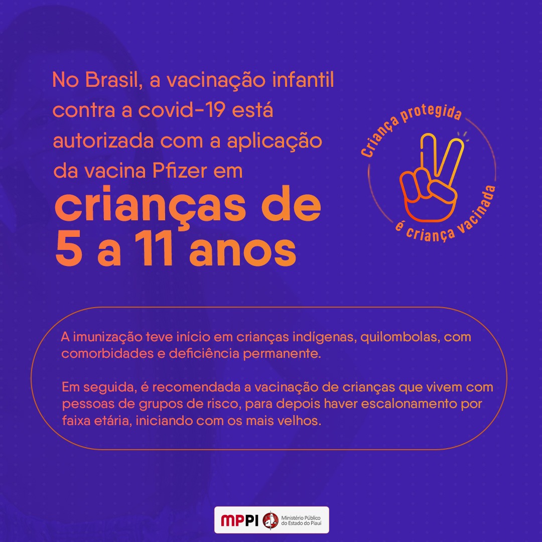 Cores presentes na imagem: lilás, laranja, verde, azul, branco, preto e vermelho. Frases: Criança protegida é criança vacinada; #vacinassalvamvidas;contra covid-19; E a logo do MPPI.